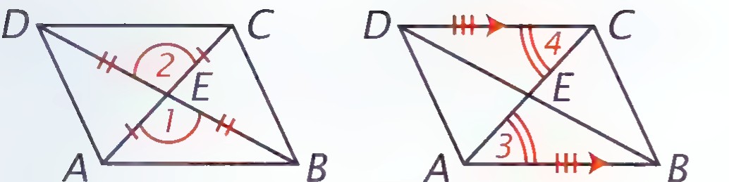 Two quadrilaterals ABCD with diagonals meeting at E; in the second, angle marks and arrowheads show AE = EC and BE = ED.