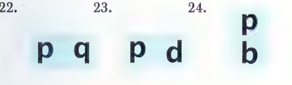 Three groups of large letters numbered 22, 23, and 24: the letters p and q side by side, the letters p and d side by side, and the letter p above the letter b.