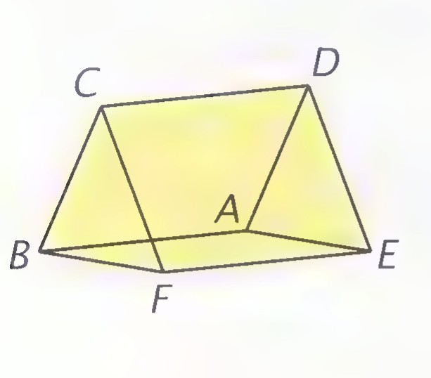 A drawing of a tent whose yellow side and end panels are parallelograms ABCD and CDEF.