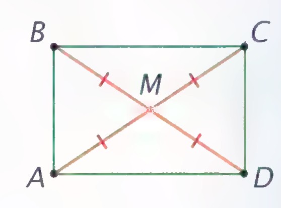 A square ABCD with both diagonals drawn in red, meeting at M, and tick marks on the four half-diagonals.