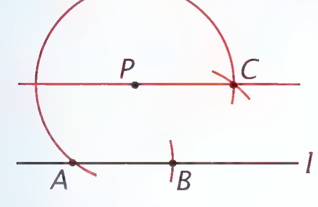 A construction figure: a circle through A about center P, with a line through P meeting the circle at C, and line l below through A and B.