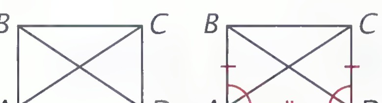 Two rectangles ABCD with both diagonals drawn; the second has matching arc and tick marks on the angles and sides used in the proof.