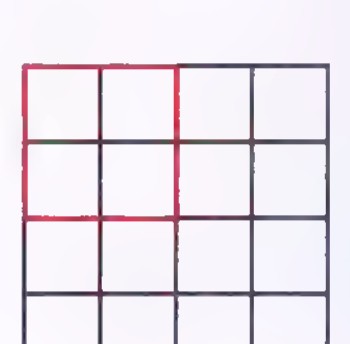 The same four-by-four grid with one large square outlined in red, covering four small squares.