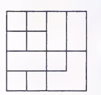 A square divided by uneven lines into a pattern of rectangles and smaller squares.