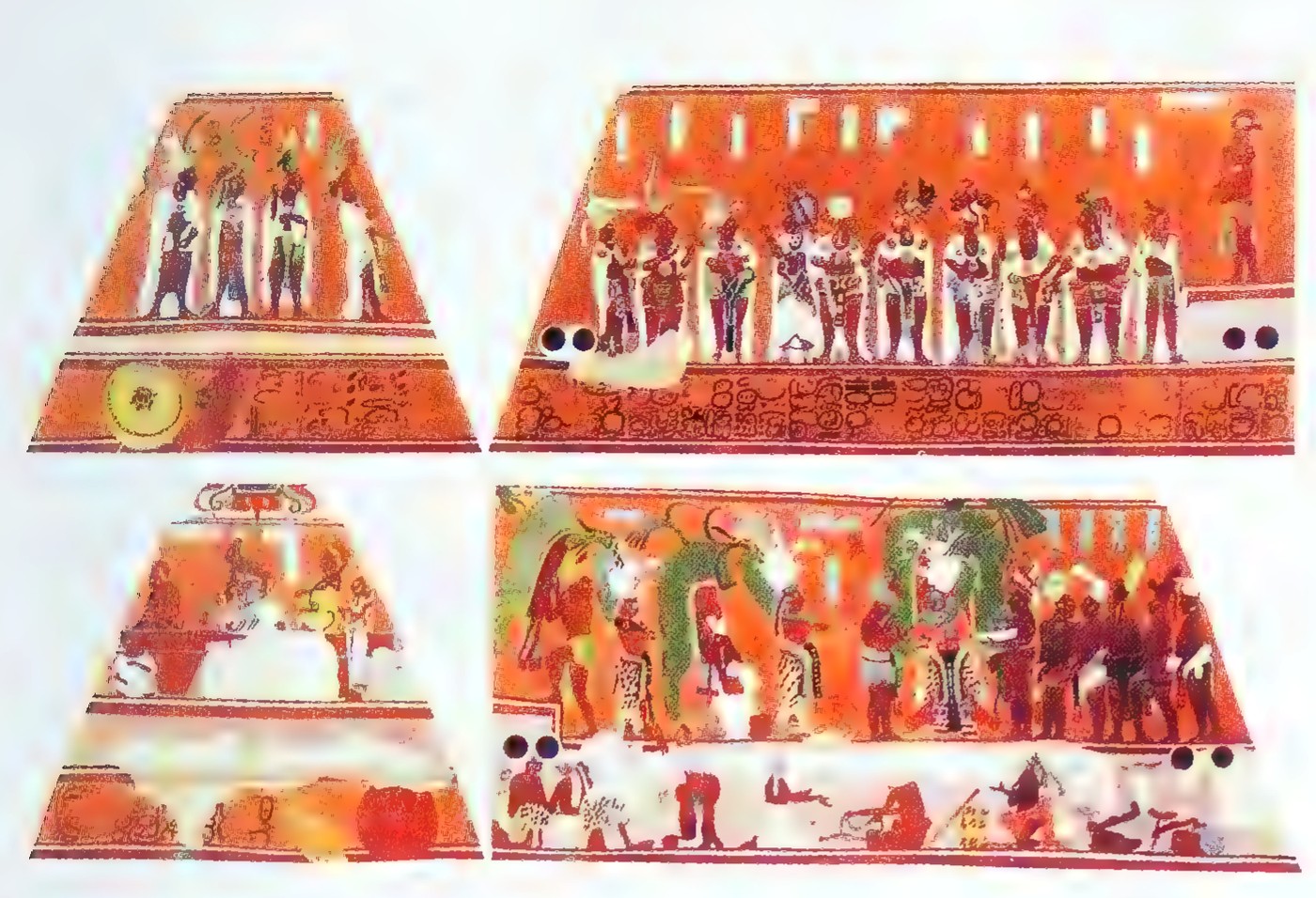 Four reconstructed panels of a Mayan mural, each shaped like a trapezoid, showing rows of standing figures.