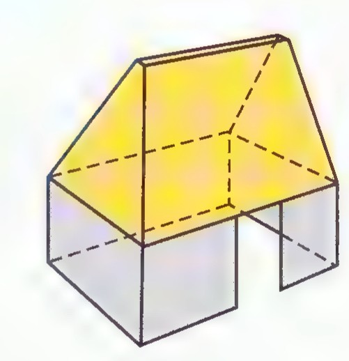 A drawing of a room whose slanted ceiling panels are yellow, with dashed lines showing how each panel is a trapezoid.