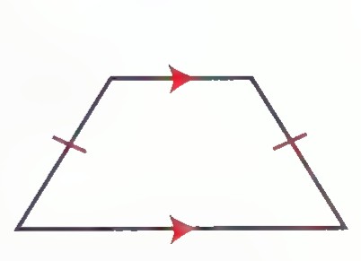 An isosceles trapezoid with arrowheads on its parallel sides and tick marks on its two legs.
