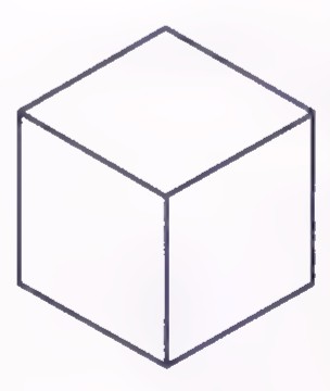 A line drawing of a cube seen from one corner, with no hidden edges dashed.