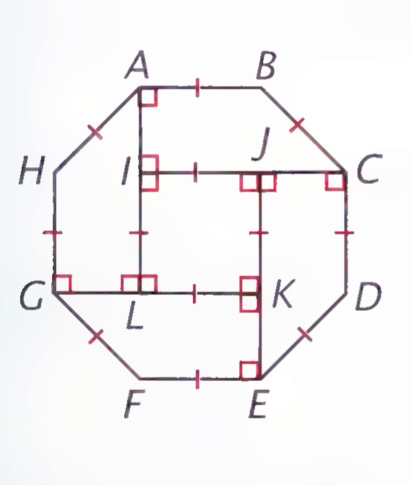 A regular octagon ABCDEFGH with an inner square-like figure IJKL, right-angle marks at the inner corners, and tick marks on equal sides.
