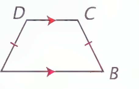 An isosceles trapezoid ABCD with arrowheads on the bases AB and DC and tick marks on the legs.