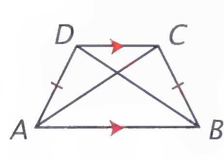An isosceles trapezoid ABCD with arrowheads on the bases, tick marks on the legs, and both diagonals drawn.