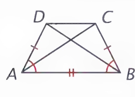 The same trapezoid with the diagonals drawn and matching arc and tick marks on the parts used in the proof.
