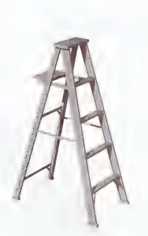 Photograph of an open wooden stepladder with a tool shelf and cross braces.