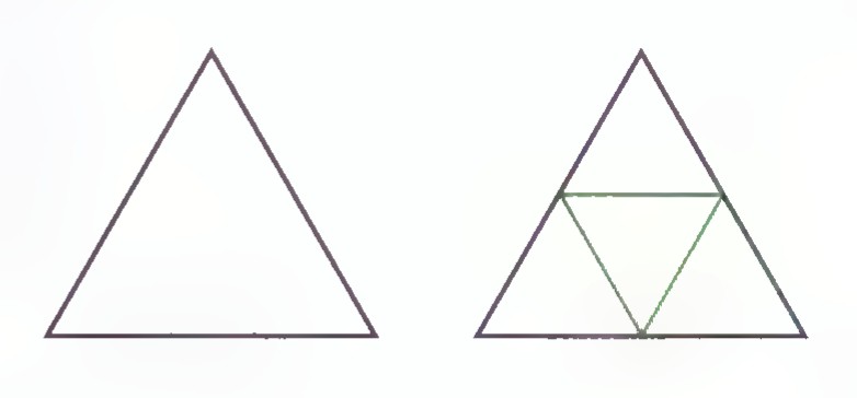 Two equilateral triangles: the left undivided, the right divided into four congruent equilateral triangles by joining the midpoints.