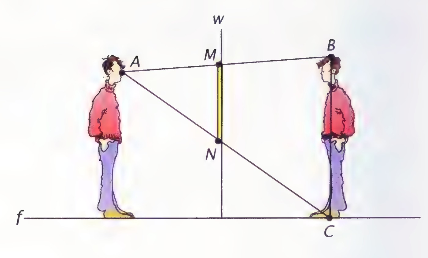 A diagram of a person facing a wall mirror: the wall w and floor f are drawn, the person at the left, his reflection at the right, and the mirror MN catching the line of sight from his eyes at A down to his feet at C.