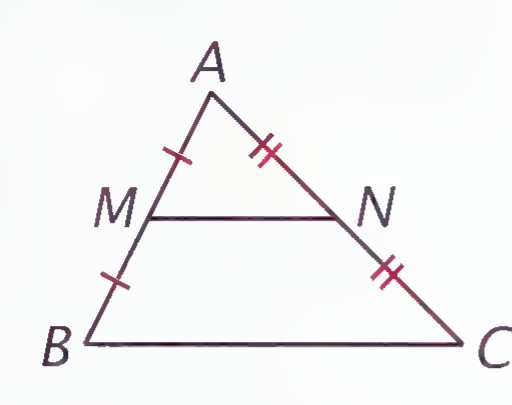 Triangle ABC with midsegment MN joining the midpoints of AB and AC, tick marks on the four half-sides.