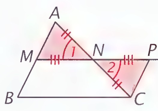 Triangle ABC with MN extended to P so that NP = MN, CP drawn, and angles 1 and 2 marked at N.