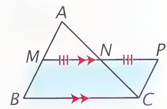 The same figure with red arrowheads showing MP parallel to BC.