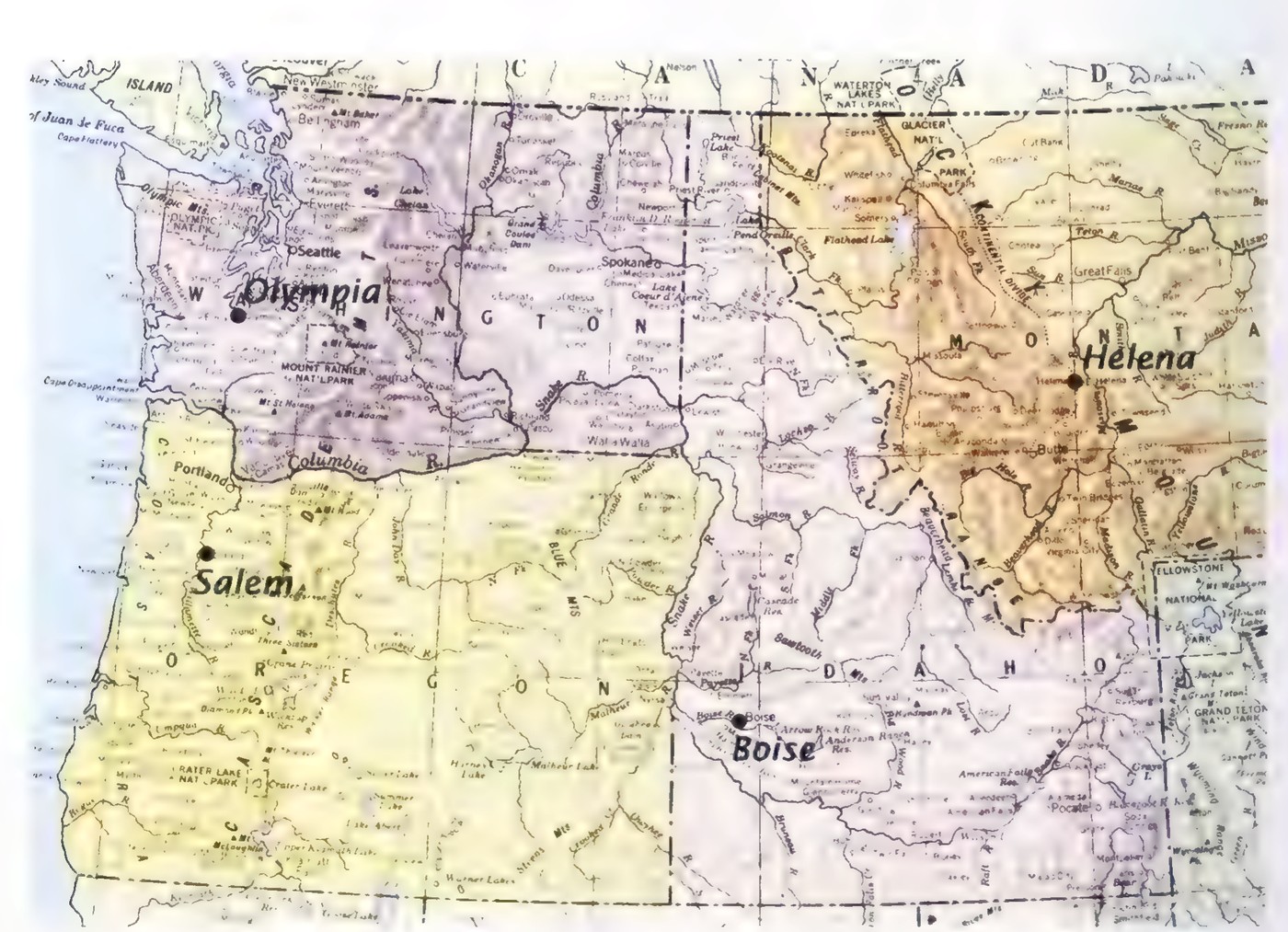 A map of the northwestern United States with the capitals Olympia, Salem, Boise, and Helena marked.