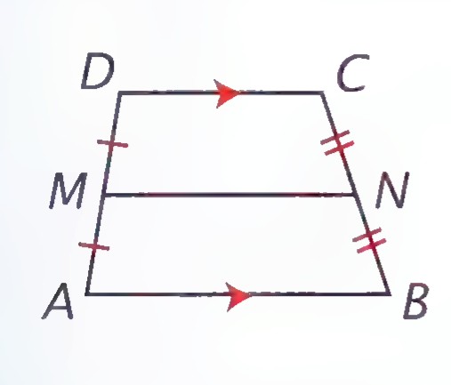 A trapezoid ABCD with arrowheads on the bases AB and DC, tick marks on the legs at M and N, and the segment MN drawn.