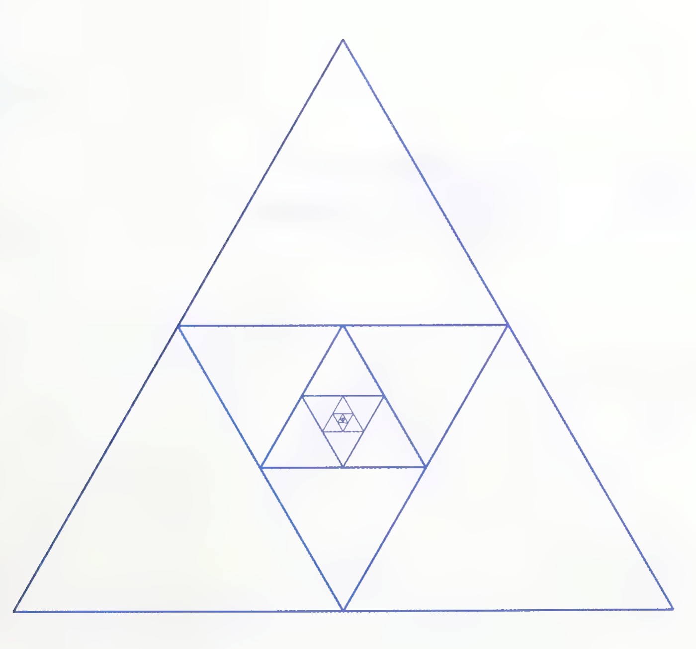 A large equilateral triangle with its midsegment triangle, which in turn contains the midsegment triangle of the middle triangle, and so on, spiraling inward.