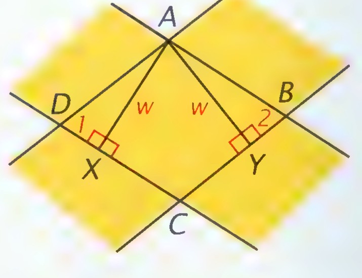 Two yellow strips of equal width crossing to form a rhombus ABCD, with w marked on the two widths and right-angle marks at X and Y.