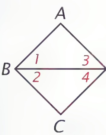 A square ABCD with both diagonals drawn, the four angles at the center numbered 1, 2, 3, and 4.