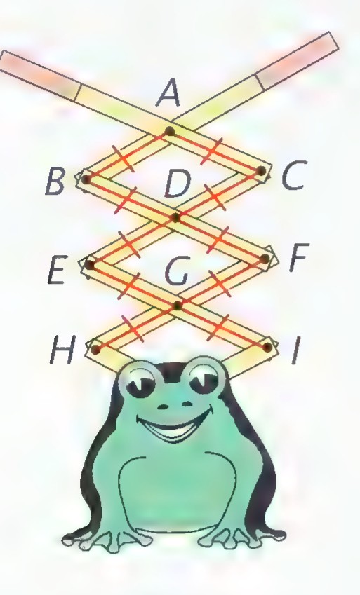 A cardboard jumping frog toy with a crisscross linkage of slats marked A through I, attached to a frog cutout at the bottom.