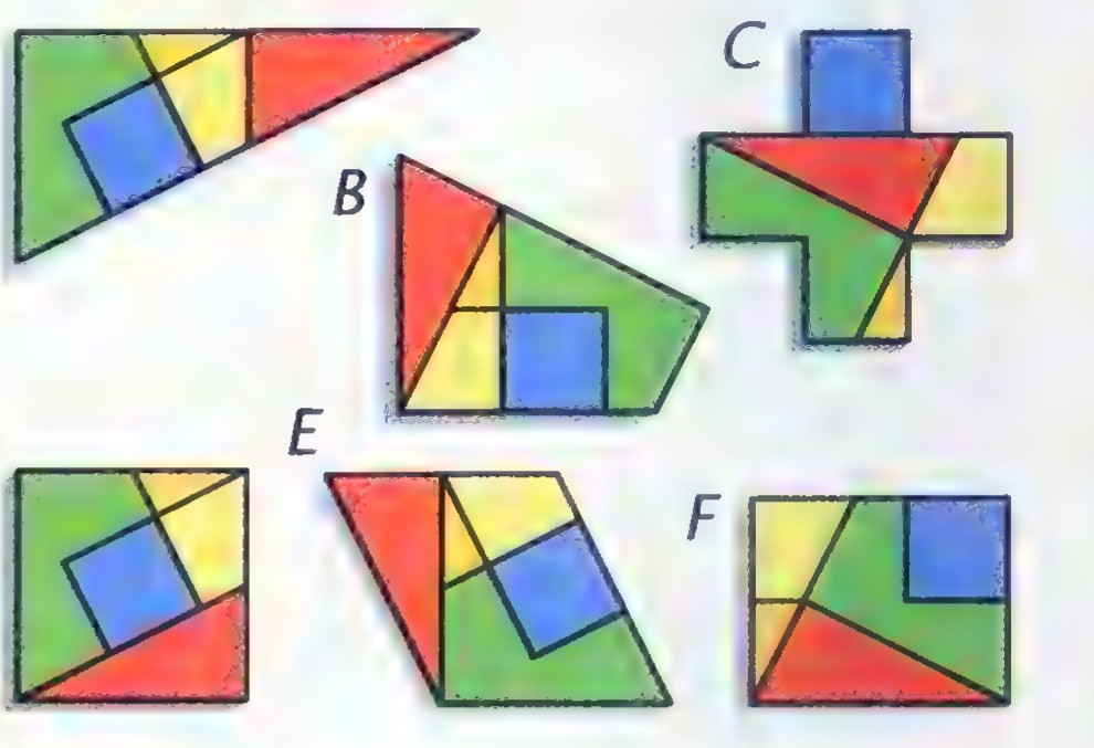 Six arrangements of the same five colored pieces, labeled A through F; each arrangement is a different quadrilateral or combined shape.