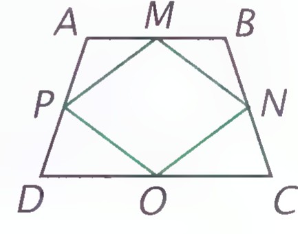 An isosceles trapezoid ABCD with midpoints M, N, O, P on its sides joined to form quadrilateral MNOP, and the diagonals of MNOP drawn in green.