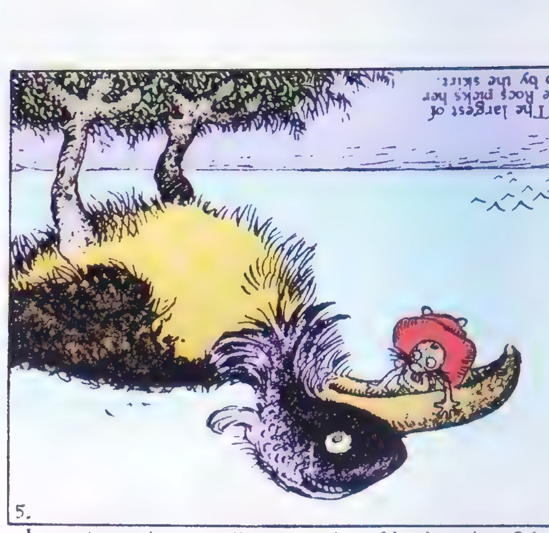 A panel from an early comic strip: a tiny man in a boat on the water, with a huge fish surfacing beside a grassy point of land; the strip is printed with its caption upside down at the top.