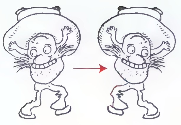 The same cartoon man drawn twice, with a red arrow from the left figure to its mirror image at the right.