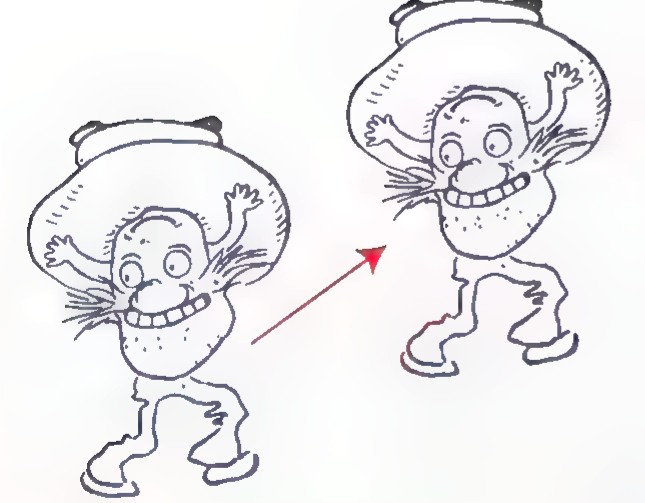 The cartoon man at the left and a smaller copy of him at the upper right, joined by a red arrow.
