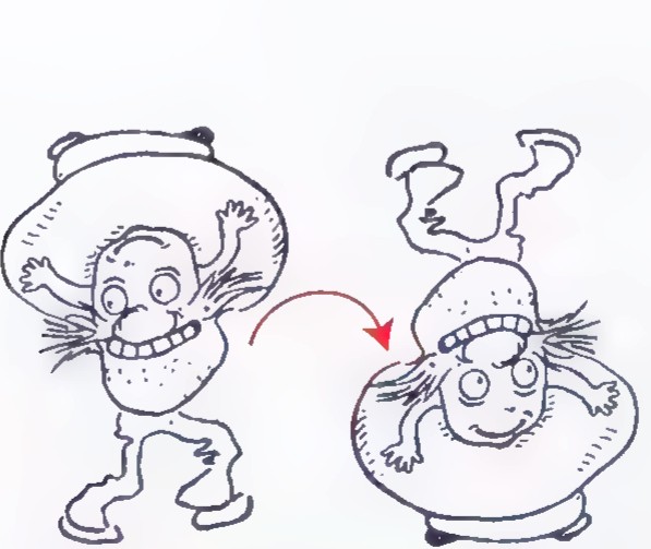 The cartoon man at the left and an upside-down figure at the right, joined by a curved red arrow.