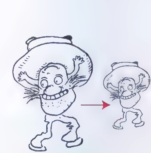 The cartoon man at the left and a reduced copy of him at the right, joined by a red arrow.