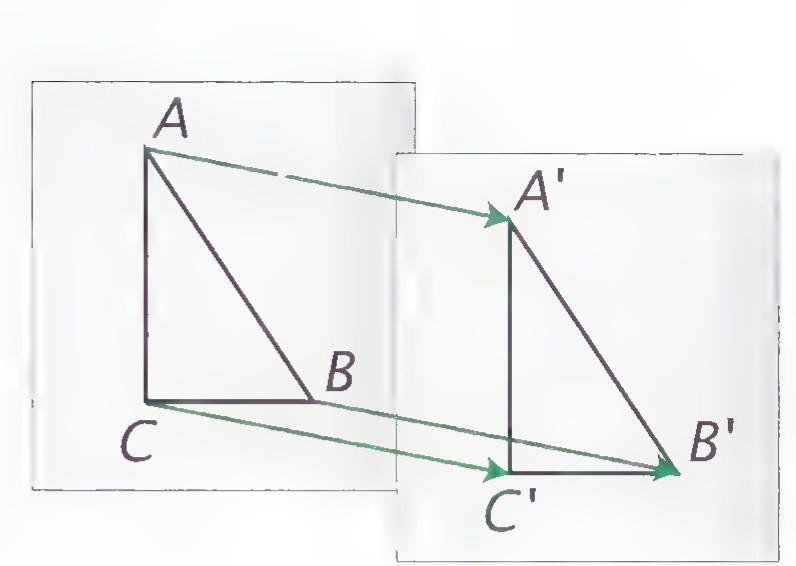 Two overlapping square sheets of tracing paper, each showing triangle ABC; the copy at the right is shifted without turning, with arrows joining corresponding vertices.