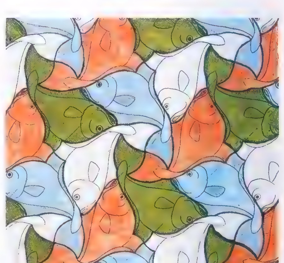 Escher-style tessellation of fish in orange, green, blue, and white, swimming in four different directions.