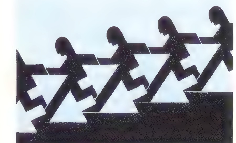 Silhouetted figures walking down a flight of stairs, repeating in a descending pattern.