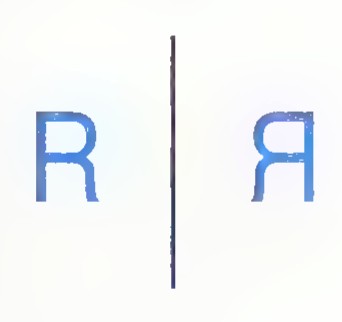 A capital R beside a vertical mirror line, with its backward mirror image on the other side.