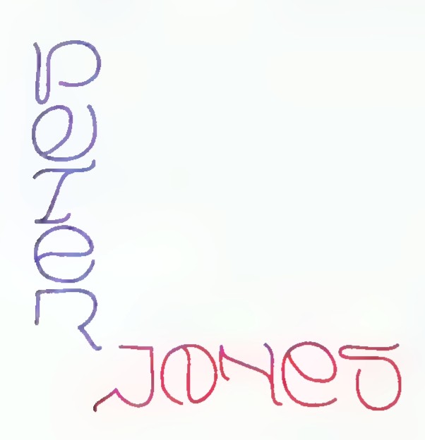 The words “Peter Jones” drawn in blue with a red copy, the letters shaped so that the design also forms a picture.