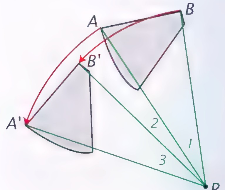 Two congruent step-shaped quadrilaterals sharing vertex P, with segments from P to their vertices labelled 1, 2, and 3.