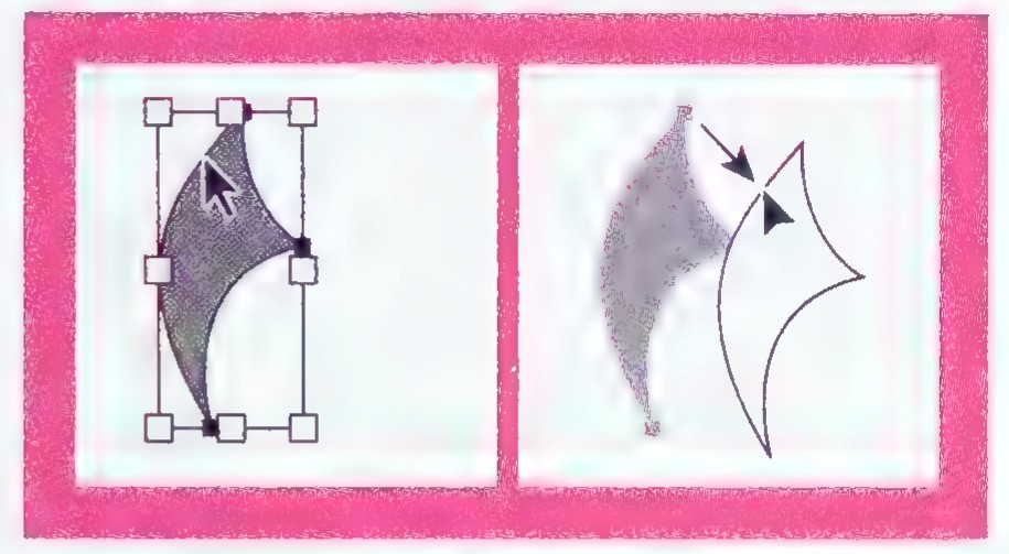 Computer drawing of a curved fin shape selected with handles on the left, and its slanted copy on the right.