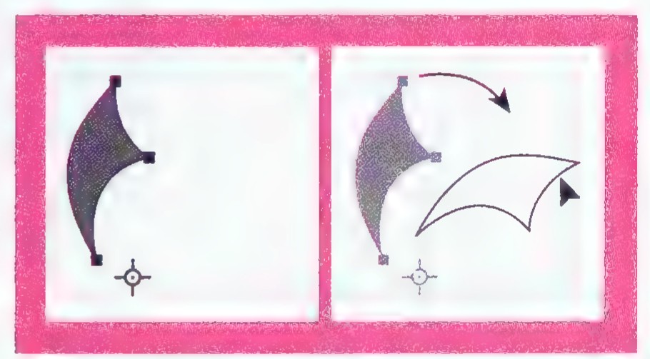 Computer drawing of a curved fin at the left, and at the right a turned copy with a curved arrow indicating rotation.