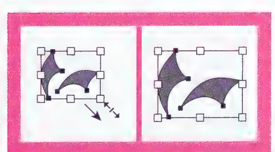 Computer drawing of a selected shape at the left, and at the right an enlarged copy inside a larger selection box.