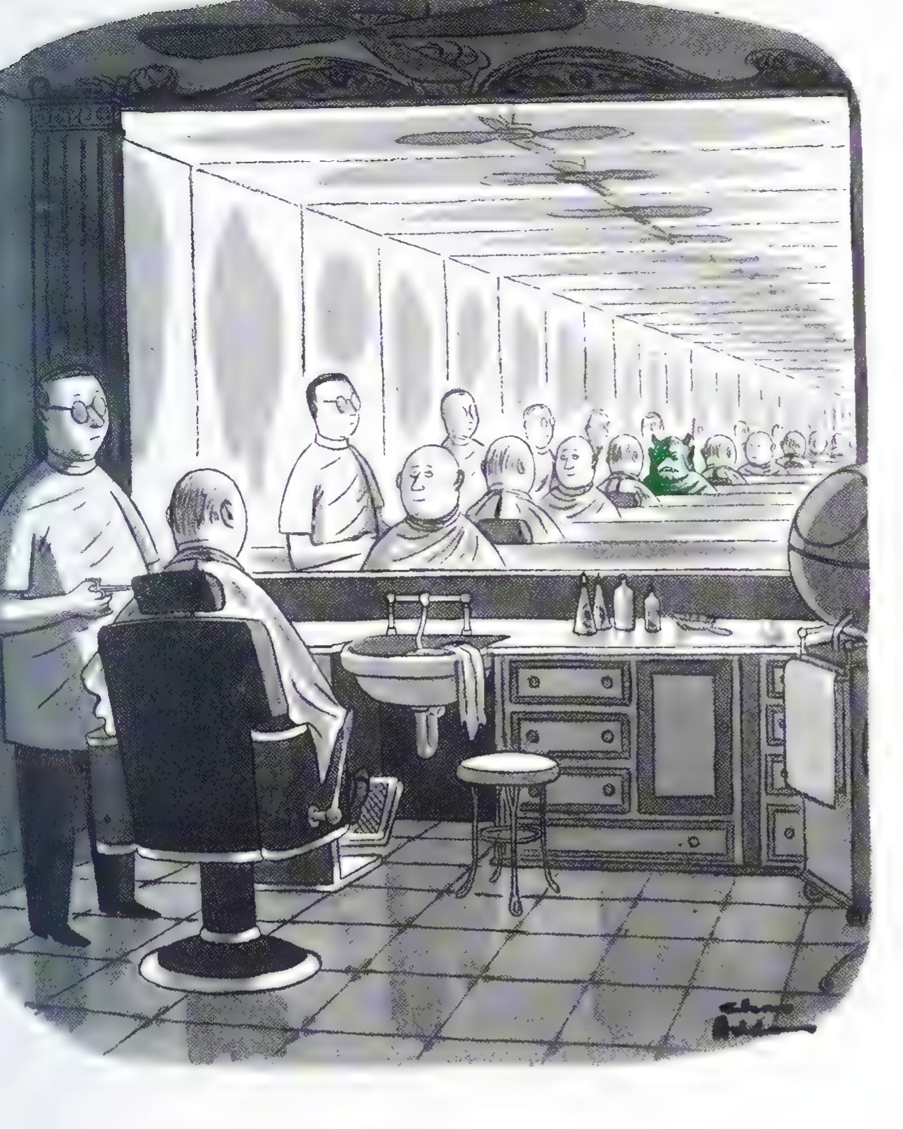 Cartoon of a barber shop whose facing walls are lined with mirrors, producing an endless receding row of barbers and customers.