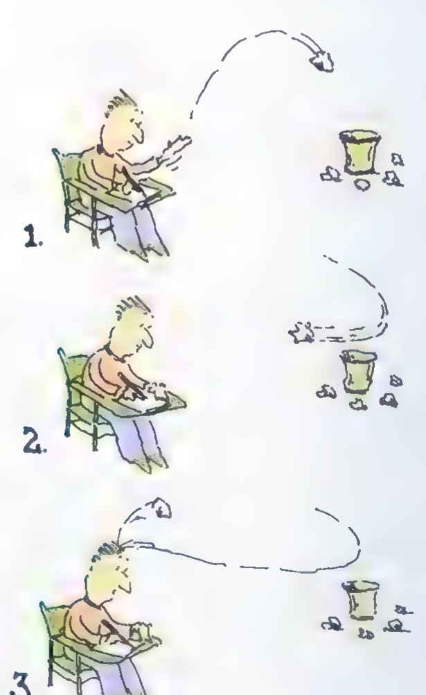 Three-panel cartoon, numbered 1, 2, and 3: a man in a chair tosses a crumpled paper at a wastebasket; it misses, sails out the window, curves around, and returns to hit him on the head.