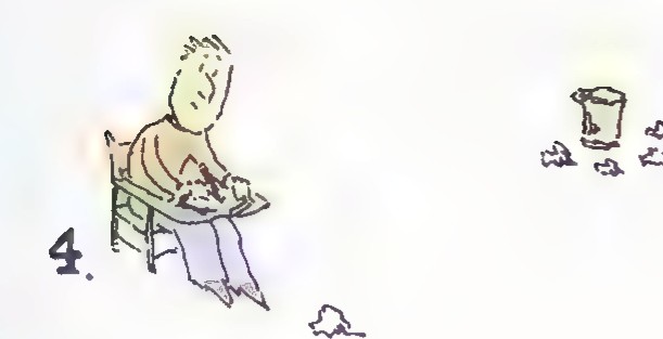 Fourth panel of the cartoon, numbered 4: the man sits back in his chair beside the wastebasket, with crumpled paper on the floor.