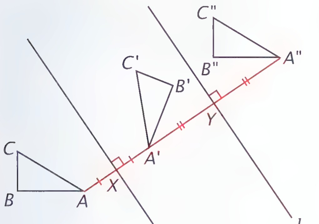 Triangle ABC reflected through a first line l₁ to triangle A′B′C′, then through a parallel line l₂ to triangle A″B″C″, with segments AA′ and A′A″ crossing the lines at X and Y.