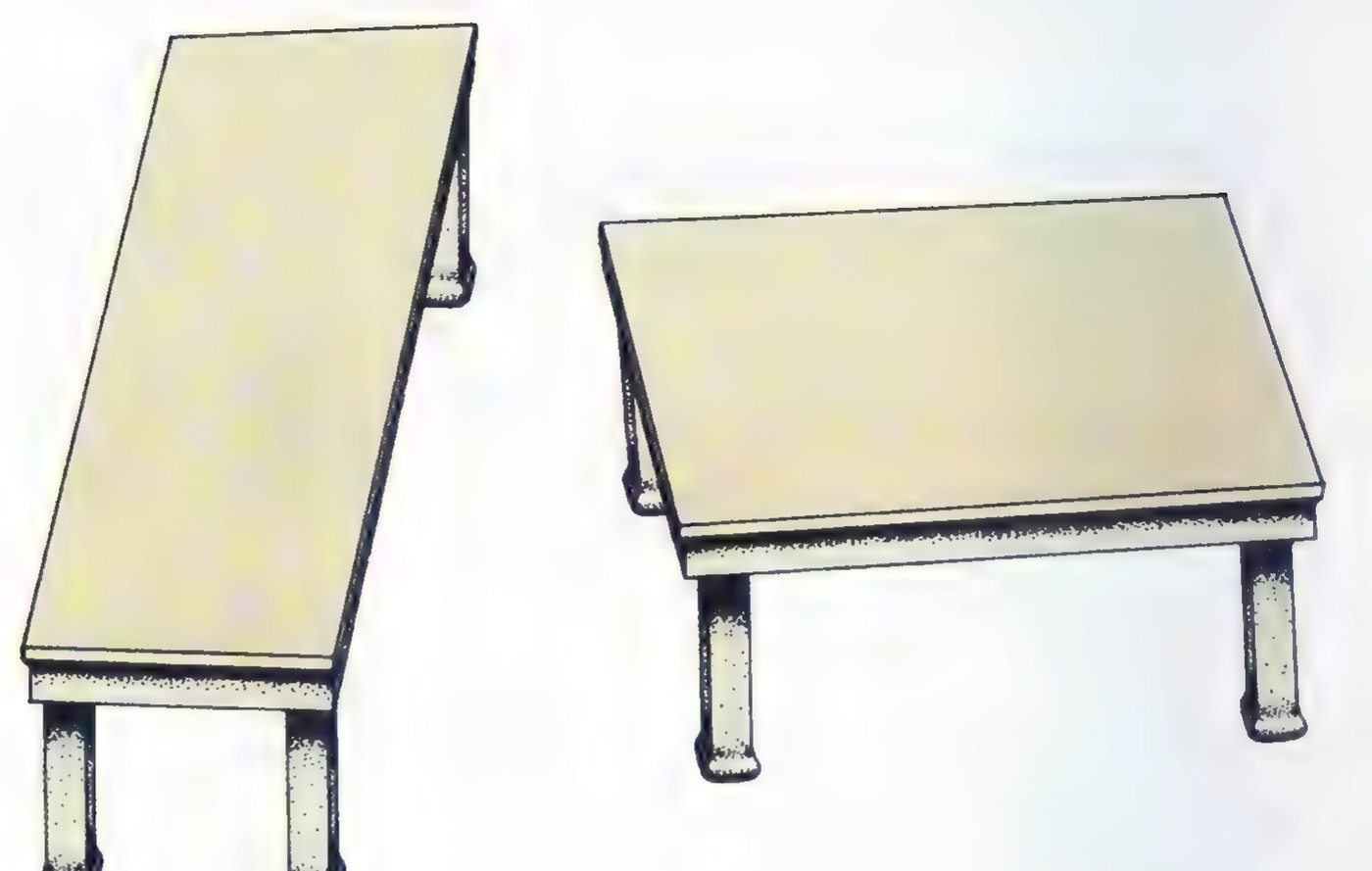 Two drawings of parallelogram tabletops, the left one tall and narrow-looking, the right one short and broad-looking, though the two tabletop shapes are identical.