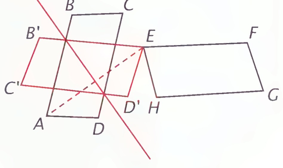 The two parallelograms with a red fold line l₁ through E, and the reflected parallelogram EB′C′D′ drawn between them.